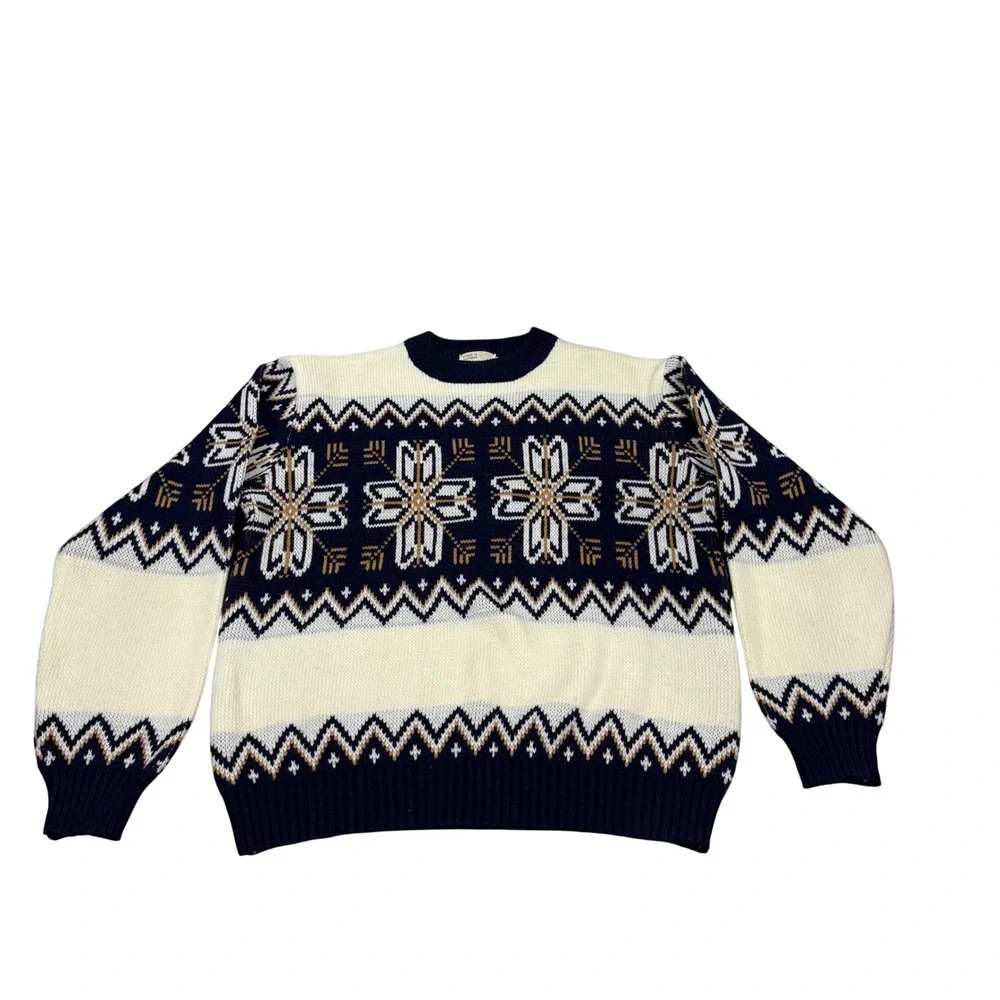 Vintage Fair‎ Isle Snowflake Sweater Navy Cream Gold Ski Size M
